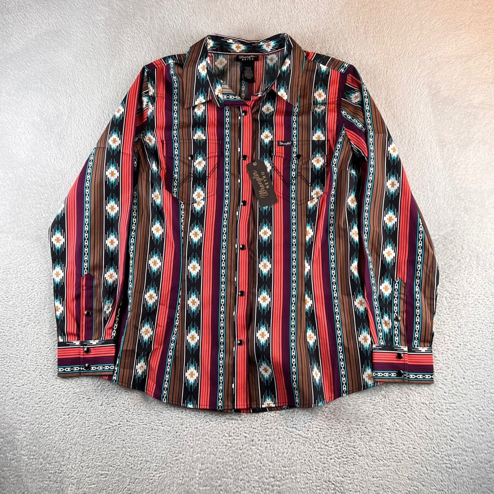 NWT Wrangler Retro Womens Southwestern Stripe Western Snap Shirt Large 112336494